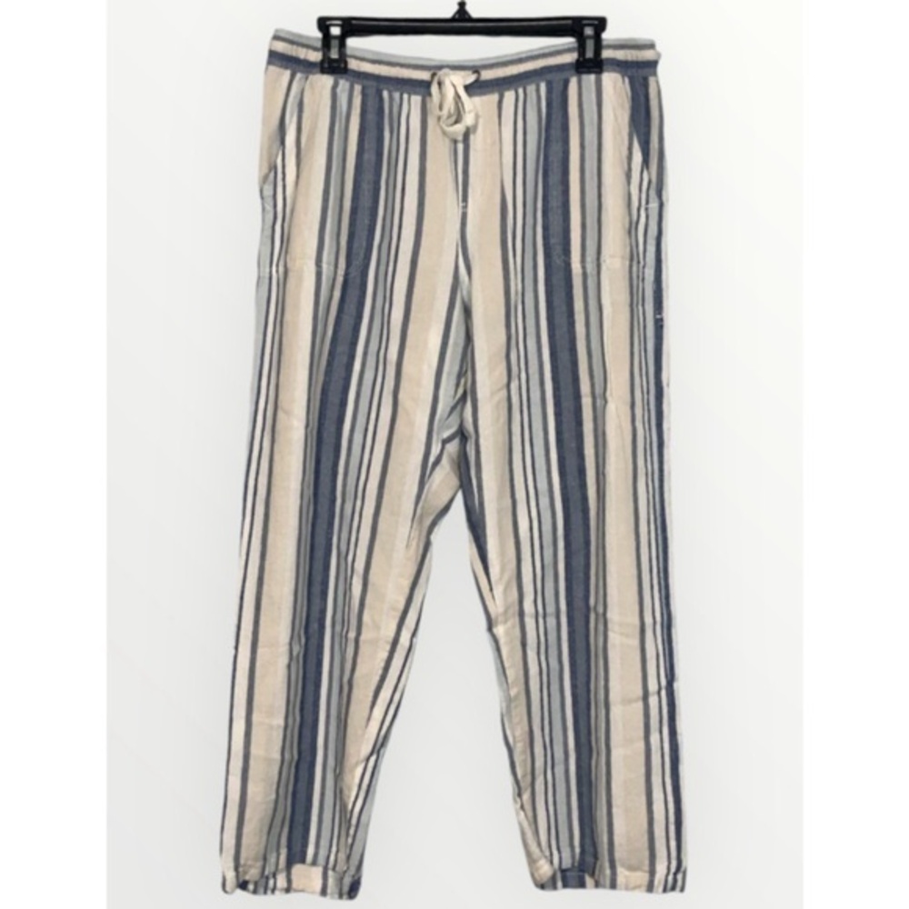 Juniper & Lime Blue Striped Linen Blend Drawstring Elastic Waist Pockets Pants M